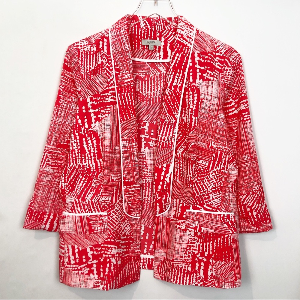 Indikka Red White Printed Open Front Blazer Large